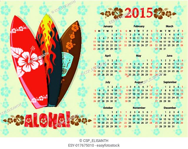Vector Aloha calendar 2015 with surf boards