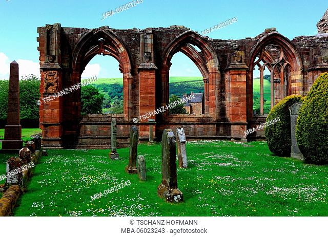 Scotland, Melrose Abbey, built in 1136, grave stones
