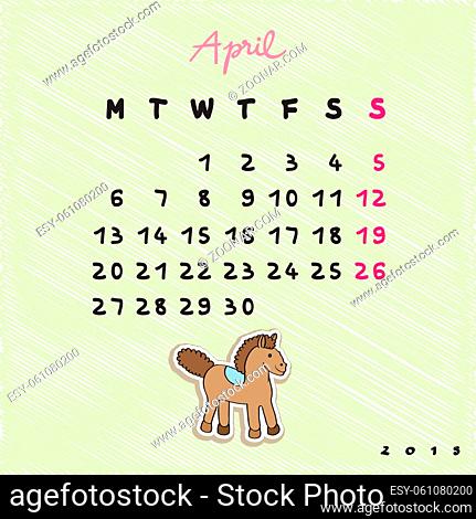 Calendar 2015 with toy horses, graphic illustration of April month calendar with original hand drawn text