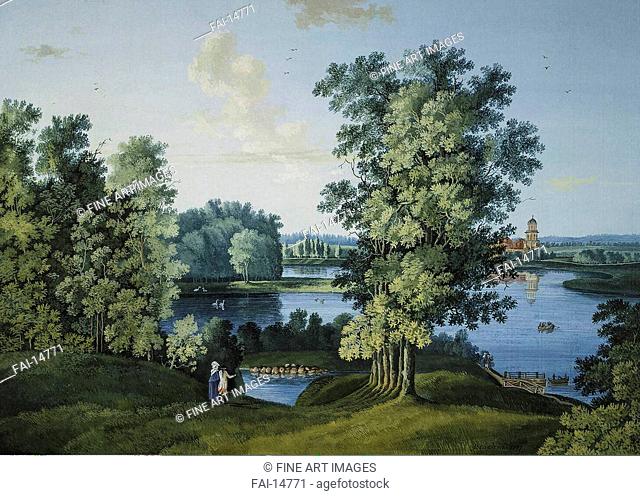 View of the Large Pond in the Park in Tsarskoye Selo. Shchedrin, Semyon Fyodorovich (1745-1804). Gouache and ink on paper. Classicism. 1777