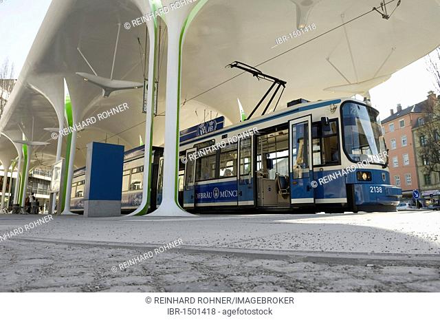 Tram station at Muenchner Freiheit Square, streetcar, Munich, Bavaria, Germany, Europe