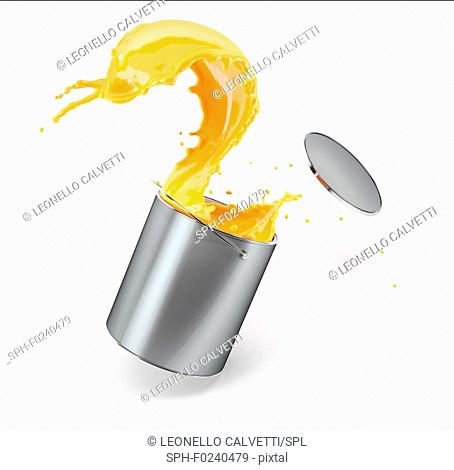 Metallic silver bucket full of paint, jumping with vibrant warm yellow paint splashing out of it with flying lid. Isolated on white background