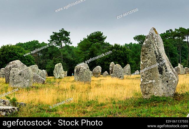 view of prehistoric monolith stone alignments in Brittany at Carnac