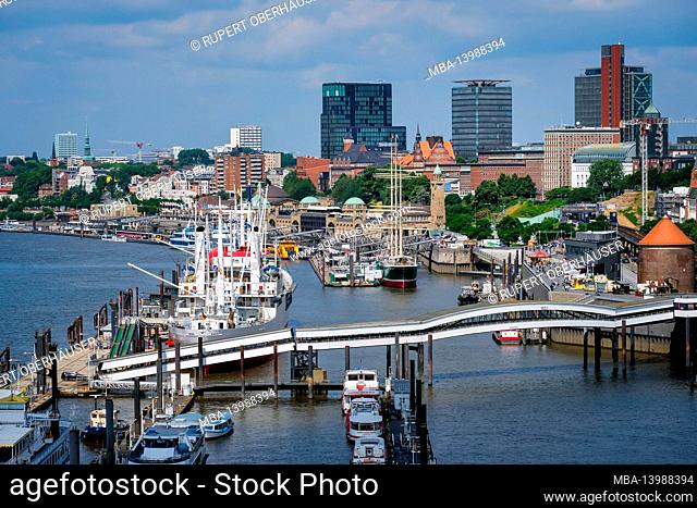 Hamburg, Germany - city view of Hamburg harbor, with Elbe promenade, level tower, Ueberseebruecke, Elbe, city center, St