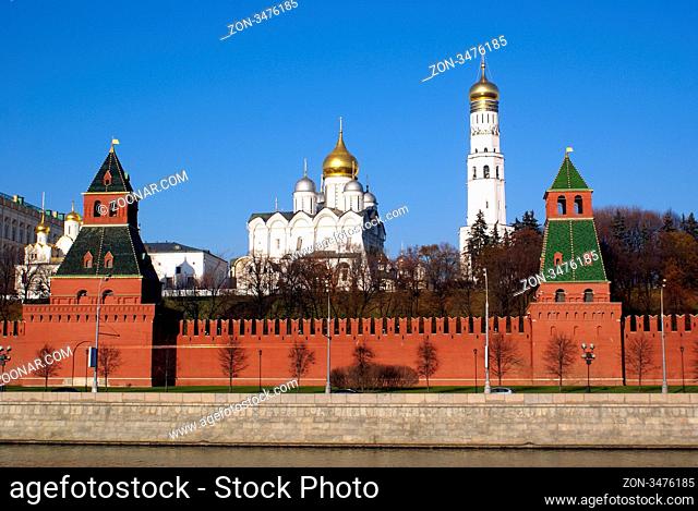 Moscow Kremlin wall, church and River, Russia
