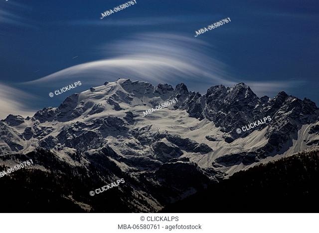 Europe, Italy, Lombardy, Valtellina, Cima Piazzi nightscape during a full moon night