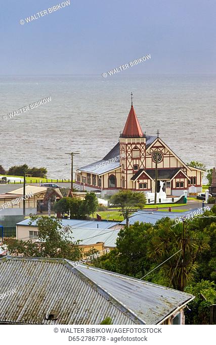 New Zealand, North Island, Rotorua, Ohinemutu, Maori village, St. Faith's Anglican Church, elevated view, dawn