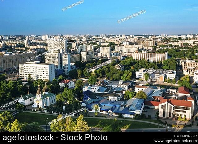 Minsk, Belarus. Aerial View, Cityscape. Summer Season, Sunset Time