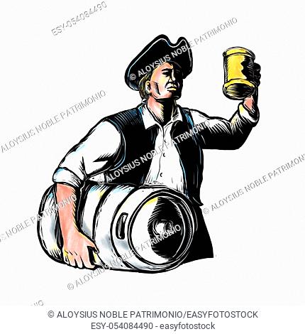 Scratchboard style illustration of an American Patriot Carrying Beer Keg drum and holding up an ale mug on isolated background