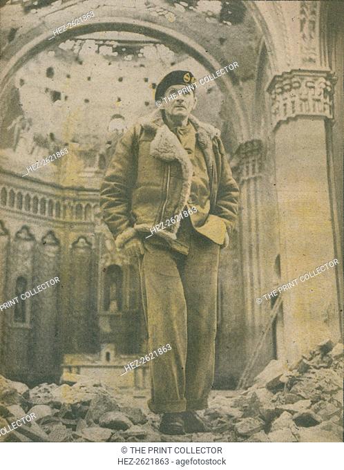 'General Sir Bernard Montgomery, K.C.B., D.S.O., surveys the shell-torn ruins of Fossacesia behind the Allied lines on the Italian front', 1944