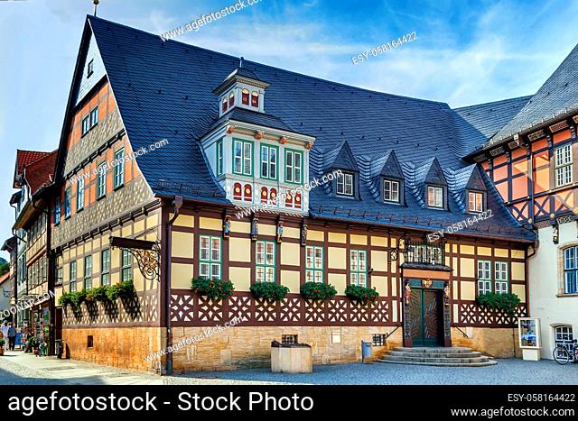 Street with historical houses in the downtown of Vernigerode, Germany