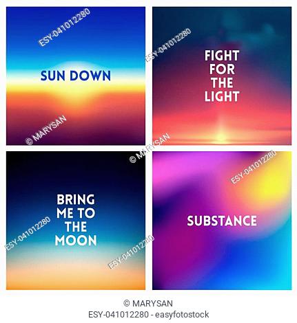 Abstract vector multicolored blurred background set. 4 colors set. Square blurred pink backgrounds set - sky clouds sea ocean beach colors With love quotes