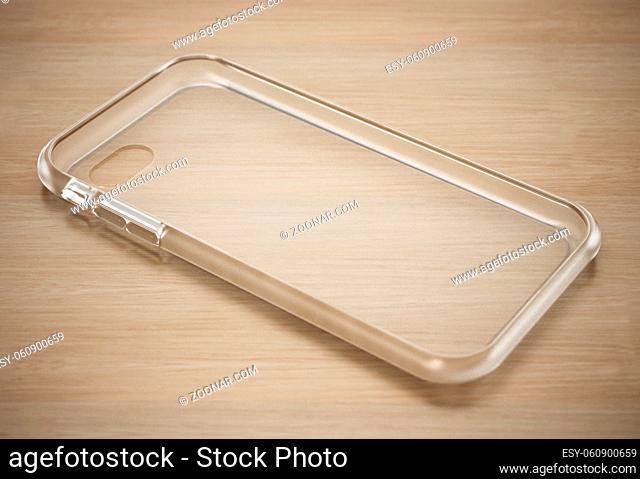 Transparent silicone smartphone cover standing on wooden surface. 3D illustration