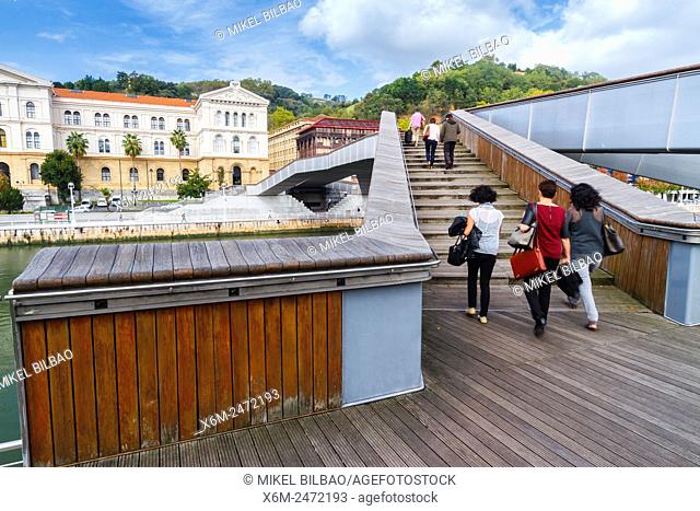 Pedro Arrupe footbridge, University of Deusto and Nervion river. Bilbao, Biscay, Spain, Europe