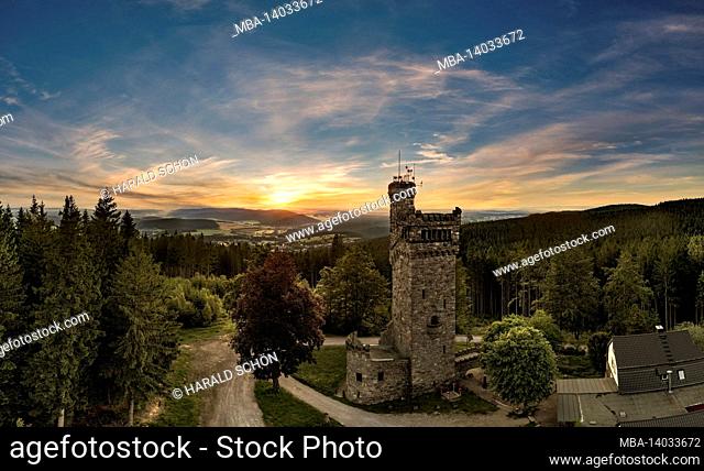 germany, thuringia, elgersburg, observation tower, forest, dawn, sunrise, back light