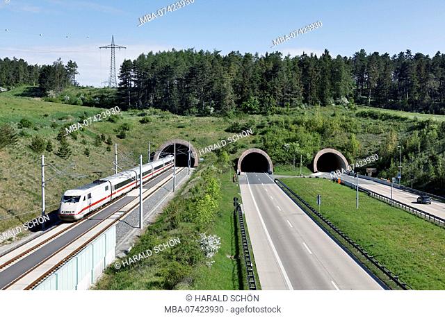 Train, highway, tunnel, forest