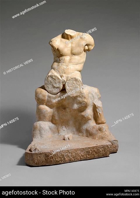 Marble statue of Herakles seated on a rock. Period: Imperial; Date: 1st or 2nd century A.D; Culture: Roman; Medium: Marble; Dimensions: total H