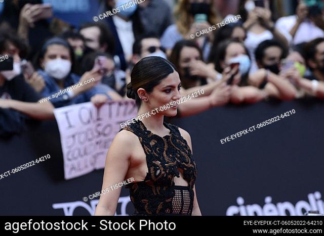 MEXICO CITY, MEXICO - MAY 6, 2022: American actress Monica Barbaro attends at the red carpet of ' Top Gun: Maverick' film premiere at Cinepolis Toreo Parque...