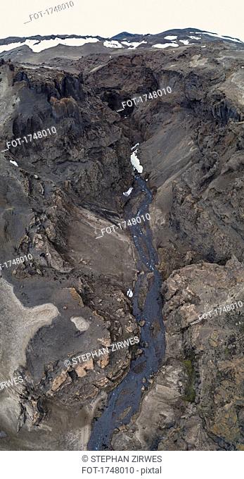 Aerial view of stream amidst rock formation, Askja, Iceland