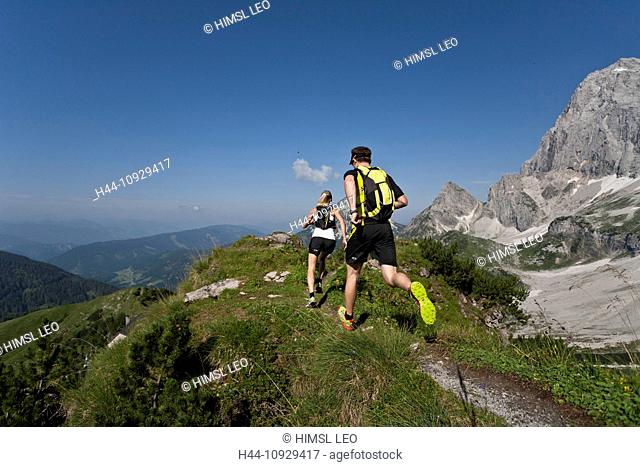 Trailrunning, Trail running, Trail, Ramsau, Dachstein, Styria, Austria, couple, woman, man, meadow, running, walking, run, mountains, mountain run, jogging