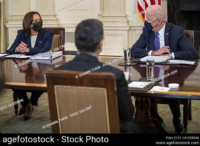 US President Joe Biden, with Vice President Kamala Harris, delivers remarks during a meeting with Secretary of Health and Human Services Xavier Becerra