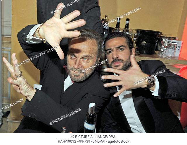 26 January 2019, Munich, München: The Italian actor Franco Nero (l) and Elyas M'Barek celebrate at the 46th German Film Ball at the Bayerischer Hof