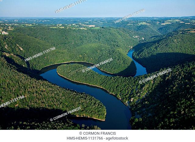 France, Puy de Dome, Queuille, Queuille meander formed by Sioule river (aerial view)