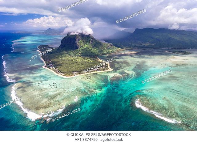 Aerial view of Le Morne Brabant and the Underwater Waterfall. Le Morne, Black River, West coast, Mauritius, Africa