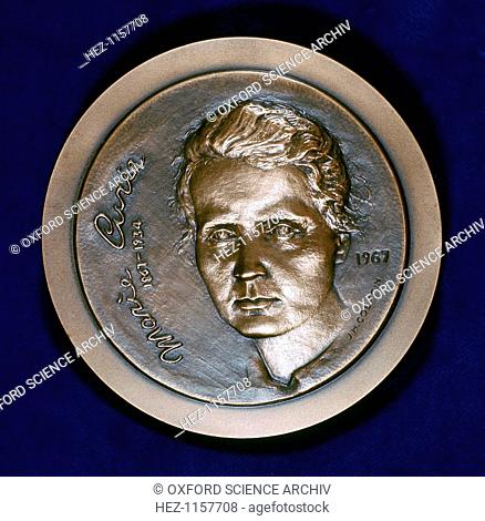 Medal commemorating Marie Sklodowska Curie, Polish-born French physicist, 1967. Obverse of a medal issued in 1967 to commemorate the centenary of her birth