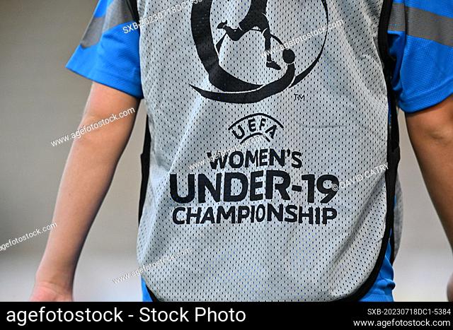 illustration picture showing a warming up bib of the Uefa Women’s Under-19 Championship during a female soccer game between the national women under 19 teams of...