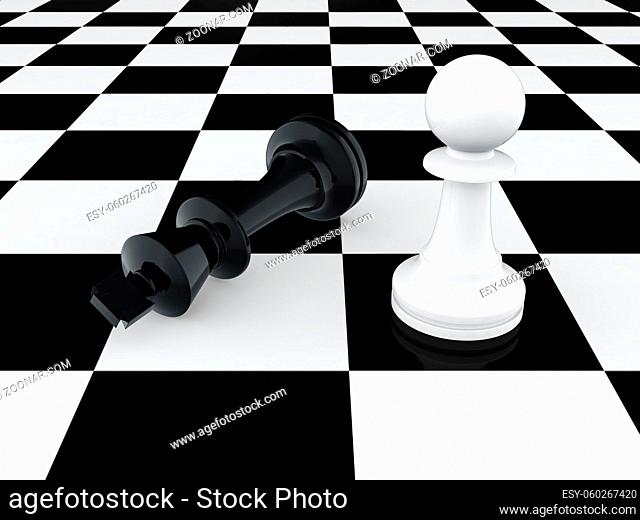 3D render of white pawn defeating chess king