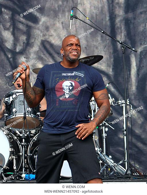 Sepultura perform on The Zippo Encore Stage on day 3 of Download at Donnington Park Featuring: Derrick Green Where: Castle Donnington