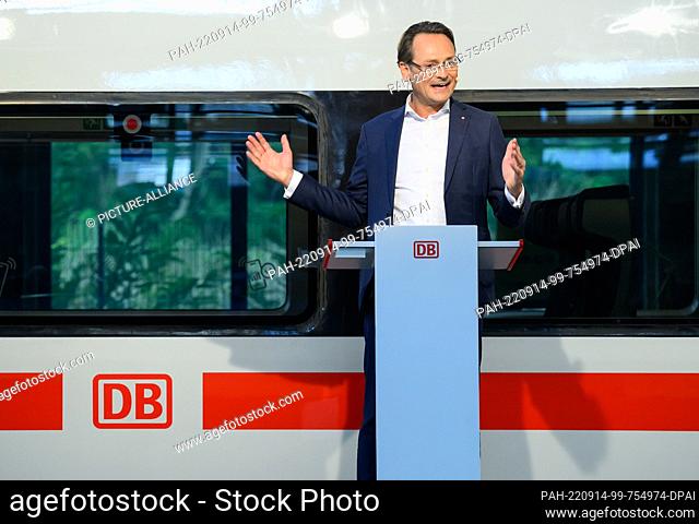 14 September 2022, Berlin: Michael Peterson, DB Board Member for Long-Distance Passenger Transport, stands in front of a car of the new model during Deutsche...