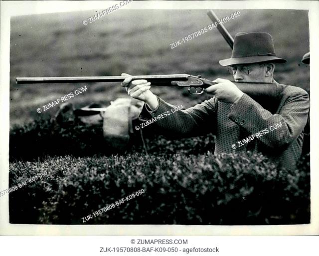 Aug. 08, 1957 - The Prime Minister goes Brouse Shooting finger on the trigger. Mr. Harold Macmillan the Prime Minister was a guest of Lord Swinton at a Grouse...