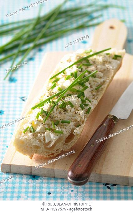 A piece of bread topped with mackerel rillette