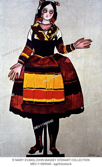 Costume design by Bakst for the ballet La Boutique Fantasque (The Magic Toyshop), with music by Massine, an Italian doll