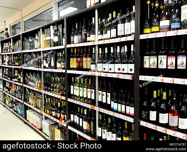 Pomorie, Bulgaria - November 06, 2017: Wine bottles in wine shop