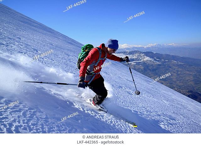 Backcountry skier downhill skiing, Monte Prena, Gran Sasso, Abruzzo, Italy