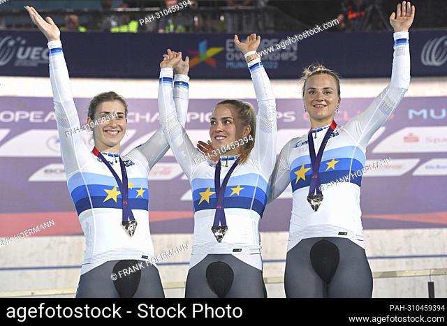 Pauline Sophie GRABOSCH (GER), Emma HINZE (GER), Lea Sophie FRIEDRICH (GER), Team Germany, Sieger, winner award ceremony with medals track cycling women`s team...