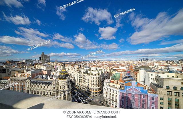 Panoramic aerial view of Gran Via, main shopping street in Madrid, capital of Spain, Europe