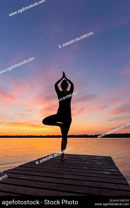 Woman doing yoga exercises on a jetty by a lake, Tree pose. Schleswig-Holstein, Germany