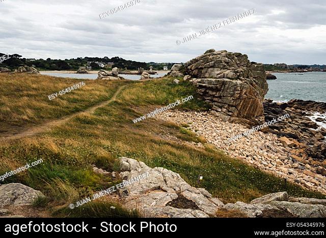 Scenic view of seascape against sky in pink granite coast, Gouffre, Brittany, France