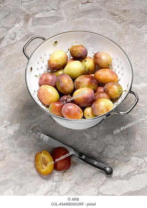 Close up of plums in colander