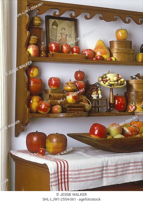 COLLECTION DISPLAY - Originally made as play things vintage wooden apples made in Germany and Japan in 1940's-1950's grouped on shelves and table
