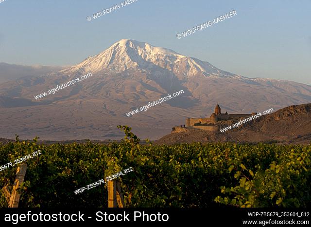 View of Mount Ararat and Khor Virap, an Armenian monastery located in the Ararat plain in Armenia, near the closed border with Turkey