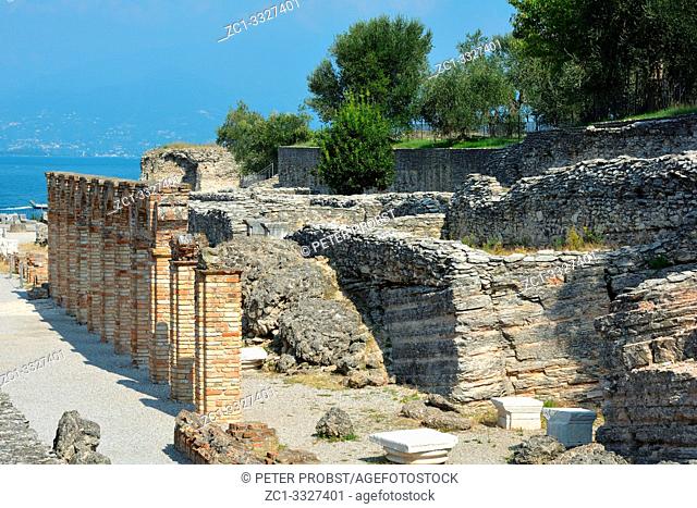 Archeological complex of the grottoes of Catullus in Sirmione on Lake Garda in a detailed view - Italy