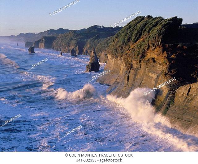 Fertile coastal farmland ends abruptly in sandstone cliffs and stacks at Tongaporutu North Taranaki New Zealand