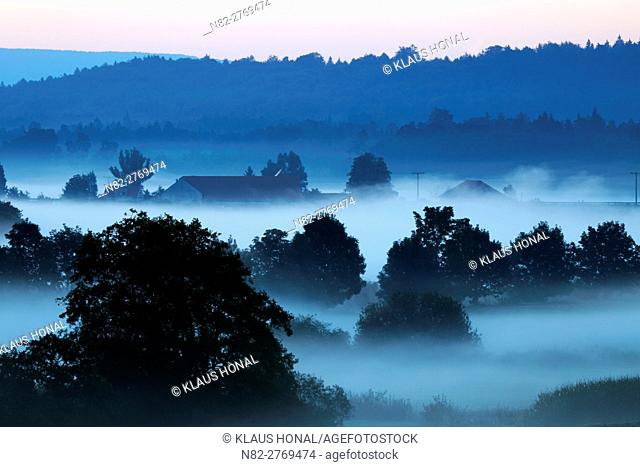 Foggy morning at Woernitz river near Hesselberg mountain - Central Franconia, Bavaria/Germany