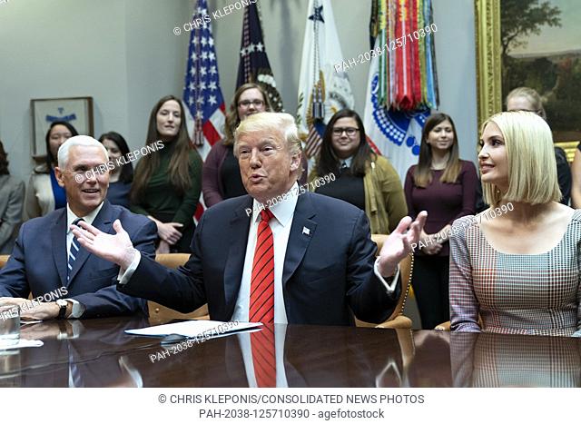 United States President Donald J. Trump speaks from the White House in Washington, DC during a congratulatory call to NASA astronauts Jessica Meir and Christina...
