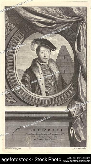 Portrait of King Edward VI of England, Edward VI, King of England. In the background a pyramid. The print has a French poem about his life as a caption